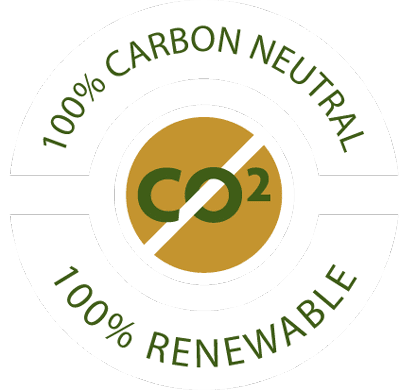 CO2 in the middle of a brown circle with words around the outside 100% carbon neutral 100% renewable