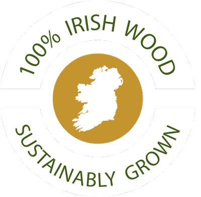 Map of Ireland in a brown circle with the words around it - 100% Irish Wood Sustainably Grown
