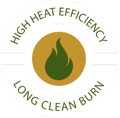 Green flame in a brown circle with words around it - High Heat Efficiency Long Clean Burn